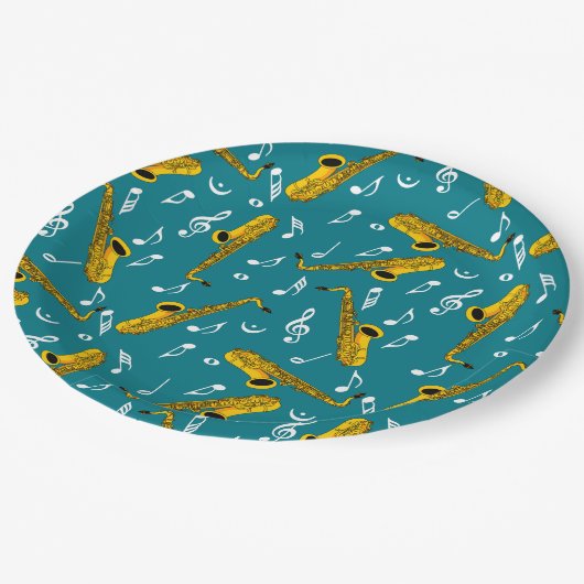 Saxophone Musiknote Pattern Pappteller (Schrägansicht)