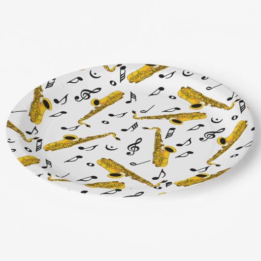 Saxophone Musiknote Pattern Pappteller (Schrägansicht)