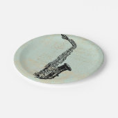 Saxophone Vintage Grüne Musik Kunst Pappteller (Schrägansicht)