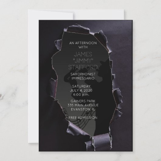Saxophonist-Konzerteinladung aus schwarzem Papier Einladung (Vorderseite)