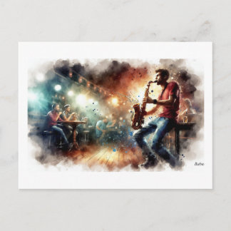 Saxophonist Performing in Cafe,  Postkarte