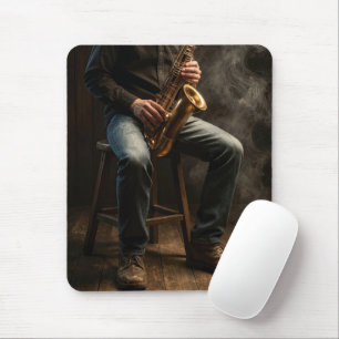 Saxophonspieler in einem rauchigen Raum Mousepad