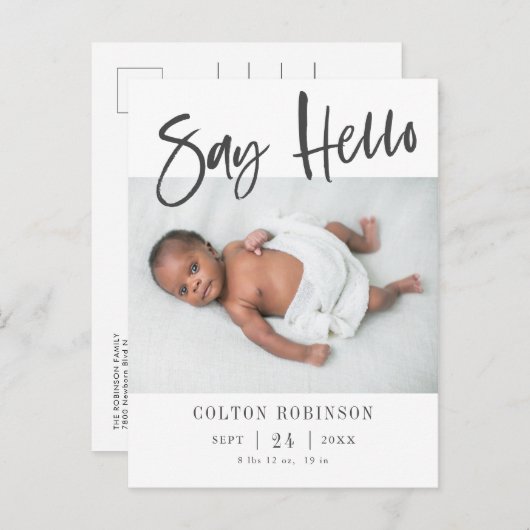 SAY HELLO Modernes Baby Foto Geburtserklärung Ankündigungspostkarte (Vorne/Hinten)