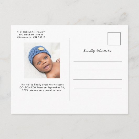 SAY HELLO Modernes Baby Foto Geburtserklärung Ankündigungspostkarte (Rückseite)