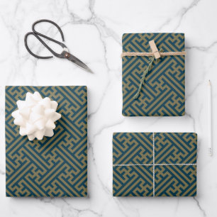 Sayagata Muster, Japanisch, Gold und Navy Blue Geschenkpapier Set
