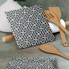 Sayagata-Muster, Japanisch, Schwarz und Weiß Fliese