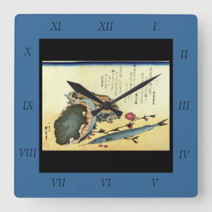 Sayori & Awabi (Halfbeak, Abalone) Hiroshige Fisch Quadratische Wanduhr