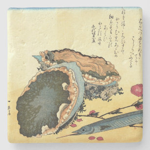Sayori & Awabi (Halfbeak, Abalone) Hiroshige Fisch Steinuntersetzer