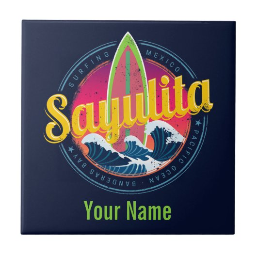 Sayulita Mexico Surfer Vintag Wave Sunset Bigwave Fliese (Vorderseite)