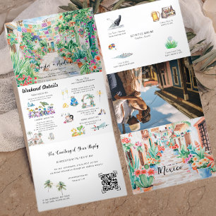Sayulita Mexiko Zielort Illustrierte Hochzeit Dreifach Gefaltete Einladung