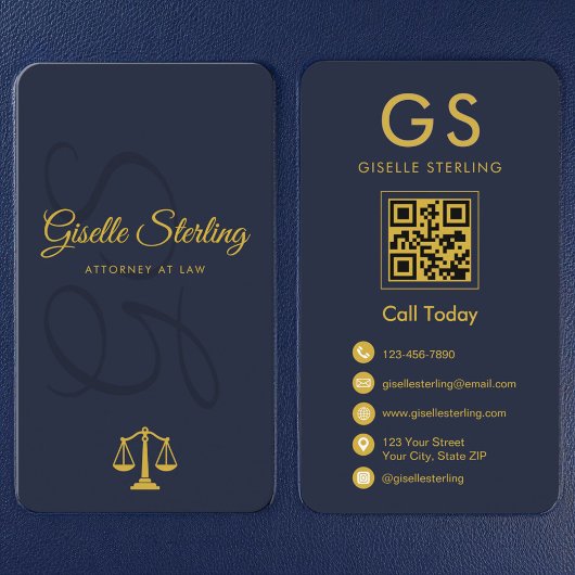 Scales of Justice Attorney at Law Navy Blue Gold Visitenkarte