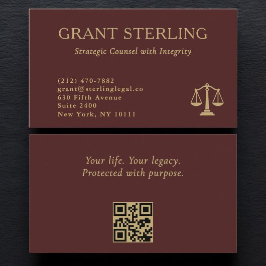 Scales of Justice Burgundy Gold Legal QR Code  Visitenkarte