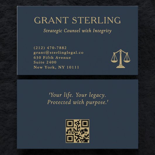 Scales of Justice Navy Blue Gold Legal QR Code Visitenkarte