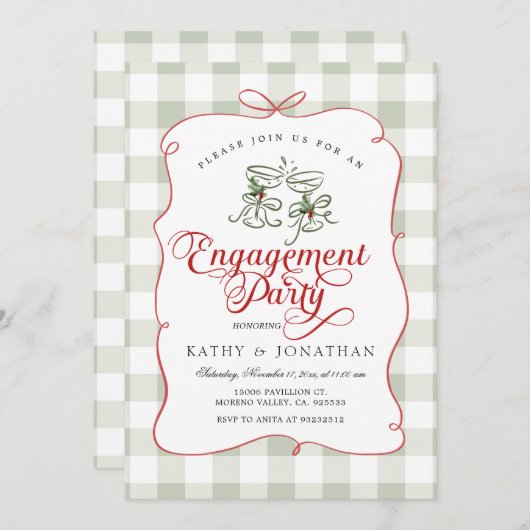 Scallop-Edge-Handgezeichnete Gingham-Engagement-Pa Einladung (Vorne/Hinten)