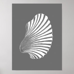 Scallop Muschel Block Print, grau / grau und weiß Poster