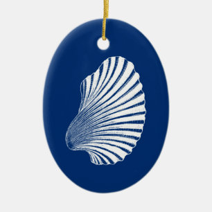 Scallop Muschel Blockdruck, Kobalt Blau und Weiß Keramik Ornament