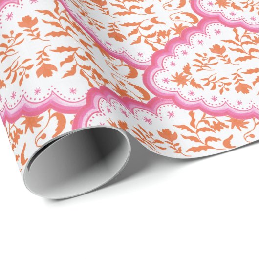 Scallop Paisley Pink und Orange Wrapping Paper Geschenkpapier (Rolleneckpunkt)