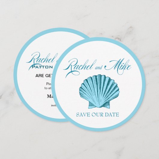Scallop Seashell Beach Wedding | Minzblau Save The Date (Vorne/Hinten)
