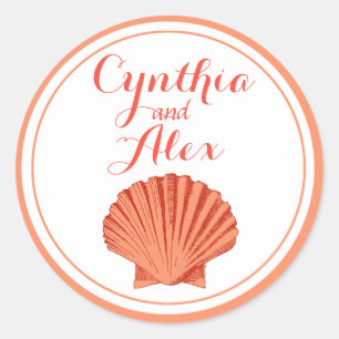 Scallop Seashell Beach Wedding   Pfirsich Runder Aufkleber