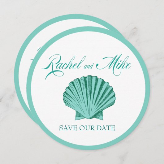 Scallop Seashell Beach Wedding | Türkis Save The Date (Vorne/Hinten)