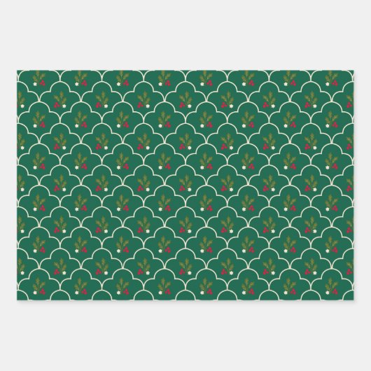 Scallop Tile mit Holly Branch Berries Weihnachten Geschenkpapier Set (Vorderseite 2)