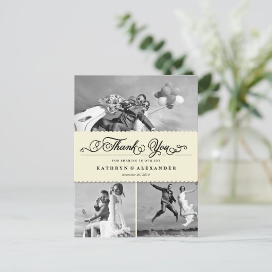 Scalloped Band und Script Foto Hochzeit Vielen Dan Postkarte (Stehend Vorderseite)
