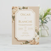 Scalloped Beige Ivory Floral Gilded Wedding Einladung (Stehend Vorderseite)