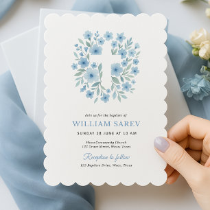 Scalloped Blue Floral Taufen Einladung für Junge