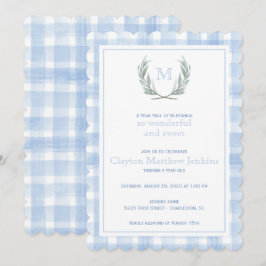 Scalloped Blue Gingham Laurel Wappen Erster Geburt Einladung