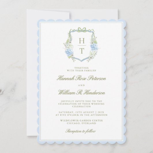 Scalloped Hydrangea Crest Wedding Invitation Einladung (Vorderseite)