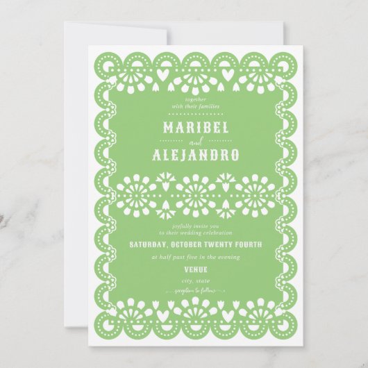 Scalloped Mexico Papel Picado Grüne Hochzeit Einladung (Vorderseite)
