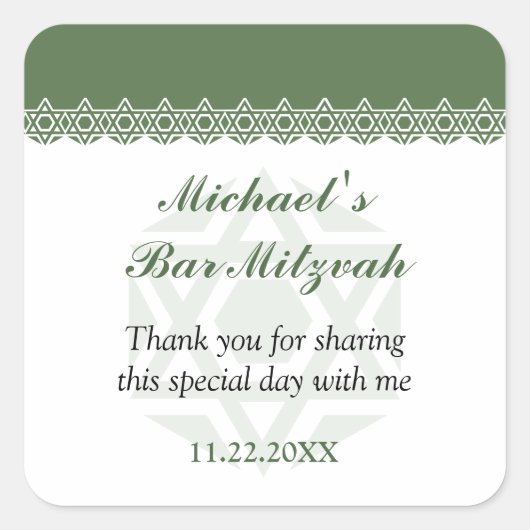 Scalloped Olive Star von David Bar-Bat Mitzvah Quadratischer Aufkleber (Vorderseite)
