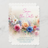 Scalloped Watercolor Flowers Script Save The Date (Vorne/Hinten)