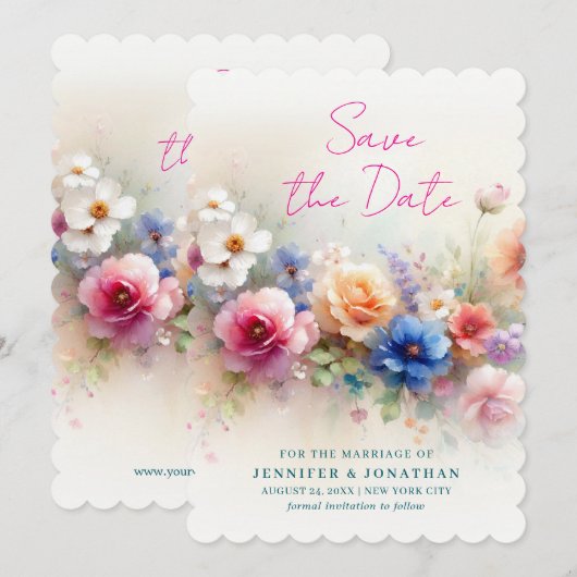 Scalloped Watercolor Flowers Script Save The Date (Vorne/Hinten)