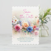 Scalloped Watercolor Flowers Script Save The Date (Stehend Vorderseite)