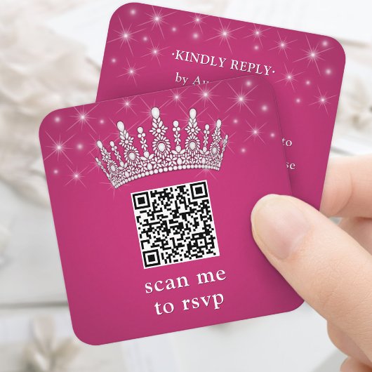 Scan Me QR RSVP Quinceañera Crown Fuschia Pink Begleitkarte
