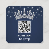 Scan Me RSVP QR Code Quinceañera Crown Navy Blue Begleitkarte (Vorderseite)