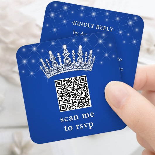 Scan Me RSVP QR Code Quinceañera Crown Royal Blue Begleitkarte