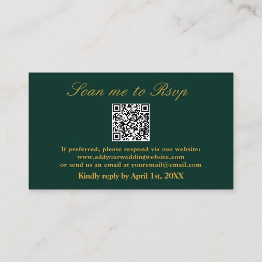 Scan Me UAWG Emerald Green Gold Wedding QR Code Begleitkarte (Vorderseite)