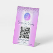 Scan-Pay für lila Glitzer QR-Code für benutzerdefi Sockelschild (Vorderseite)