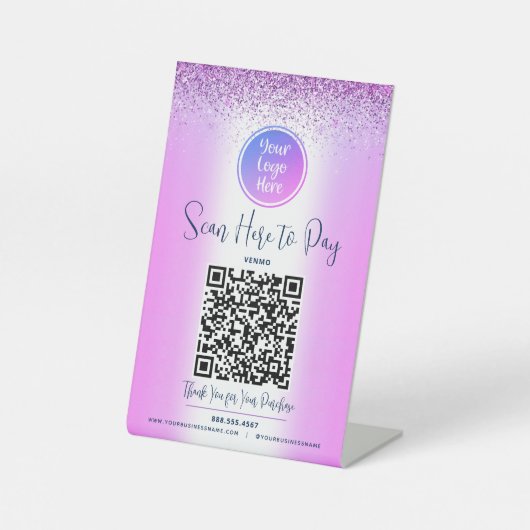 Scan-Pay für lila Glitzer QR-Code für benutzerdefi Sockelschild (Vorderseite)
