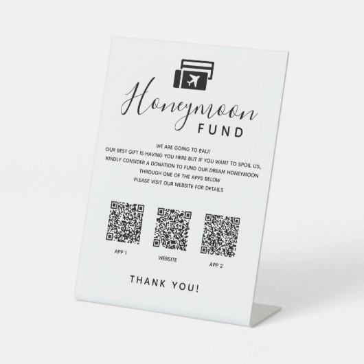 Scan QR Code App Digital Honeymoon Fund Hochzeit Sockelschild (Vorderseite)