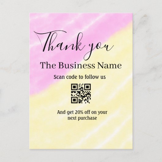 Scan QR to follow us thank you discount code pink  Postkarte (Vorderseite)
