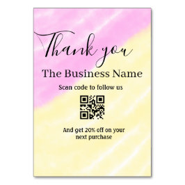 Scan QR to follow us thank you discount code pink  Tischnummer