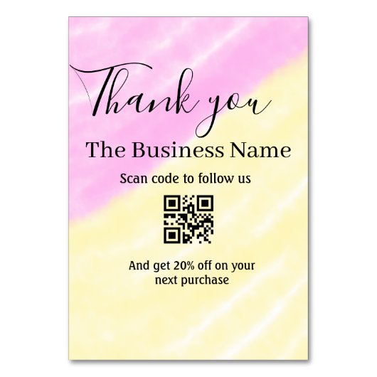 Scan QR to follow us thank you discount code pink  Tischnummer (Vorderseite)