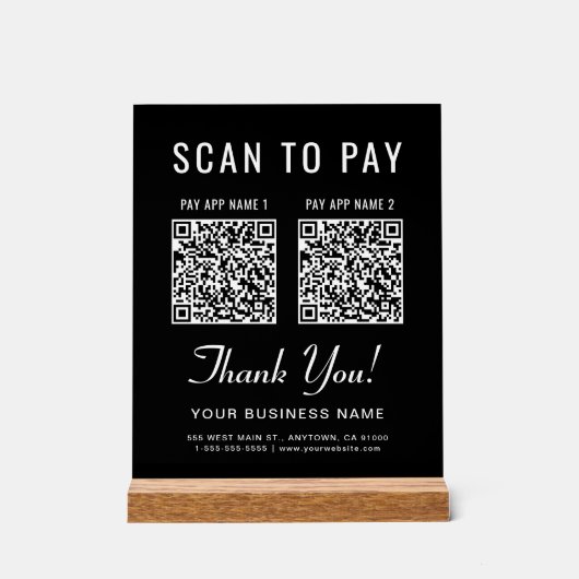 Scan to Pay 2 QR Codes Tabletop Black Acrylschild (Vorderseite)