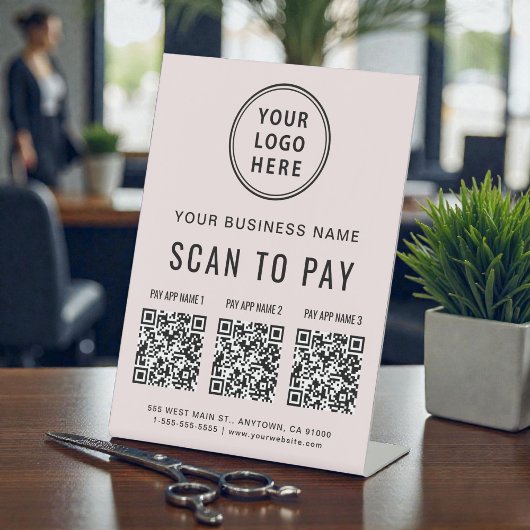 Scan to Pay 3 QR Codes Business Logo Pink Sockelschild