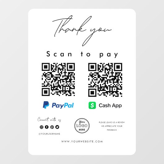 Scan to Pay Logo Paypal Cash App QR Code Vielen Da Fensteraufkleber (Blatt)