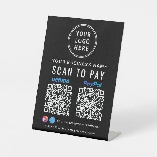 Scan to Pay Logo Paypal Venmo QR Codes Black Sockelschild (Vorderseite)