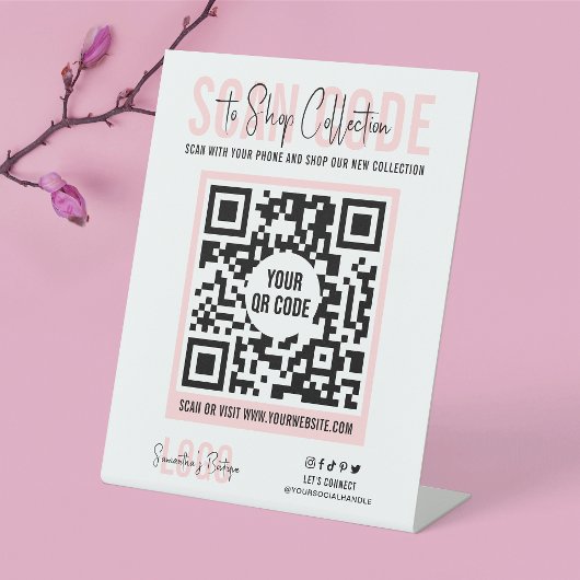 Scan to Pay or Shop Feminine Pink Moderner QR Code Sockelschild